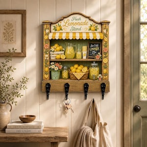 May include: A wooden wall-mounted shelf featuring a yellow and white striped awning, painted floral accents, and the text Fresh Lemonade Stand. It includes two shelves holding lemons, a pitcher, cups, and a chalkboard sign, with four black hooks below.