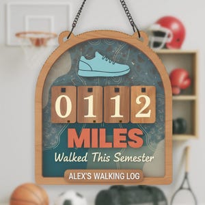 May include: Wooden framed walking log with a blue sneaker graphic. The log displays "0112 MILES Walked This Semester" and "ALEX'S WALKING LOG". The frame is hanging from a chain.