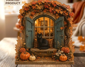 Autumn Black Cat 2D FLAT Wooden Block, Cozy Fall Window Decor, Pumpkin Shelf Sitter, Rustic Cottage Cat Decor, Fall Home Decoration
