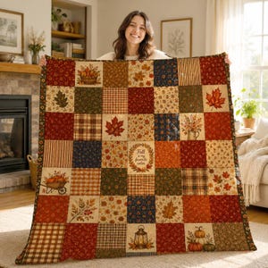 Herbstliche Patchwork-Steppdecke, Kuscheldecke im Herbst-Stil, Bettwäsche im Cottagecore-Stil mit Kürbis-Motiv, rustikale Landhausdeko, gemütliches Herbstgeschenk