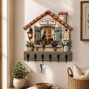 Könnte beinhalten: Ein wandmontierter Schlüsselhalter in Hausform mit braunem Ziegeldach, Schornstein und grünen Fensterläden. Eine schlafende Katze liegt auf dem Fensterbrett. Er trägt die Aufschriften The Smith Family und Home Sweet Home sowie sechs schwarze Haken.