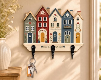 Folk House Key Holder, Colorful Village Wall Key Rack, Scandinavian Floral Home Decor, Entryway Organizer, Wooden Key Hooks