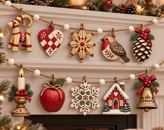 Scandinavian Christmas Wooden Garland, Nordic Folk Art Ornament Banner, Red Green Holiday Mantel Decor, Rustic Christmas Wall Hanging