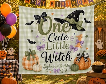 One Cute Little Witch Tapestry, Halloween First Birthday Backdrop, Personalized Witch Birthday Banner, Girls Spooky Party Decor