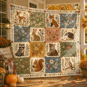 Woodland Animals Quilt Blanket, Forest Friends Patchwork Throw, Cottagecore Wildlife Blanket, Rustic Nature Quilt, Cozy Cabin Gift