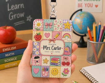 Personalized Patchwork Teacher Badge Holder, Custom Cute Teacher ID Badge Holder, School Badge Sleeve, Back to School Gift