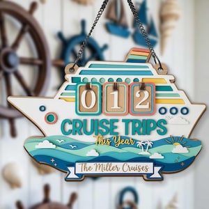 May include: A wooden cruise ship-shaped sign with the text "CRUISE TRIPS This Year" and the number "012". The sign has a chain for hanging and features a blue, white, and teal color scheme with a banner that reads "The Miller Cruises".