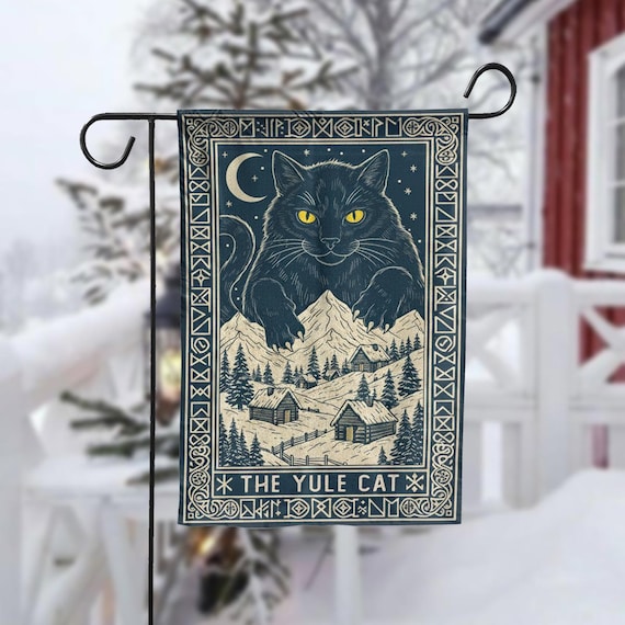 The Yule Cat Flag, Christmas Garden Banner, Icelandic Folklore Decor, Winter Solstice Yard Sign, Mythical Cat Gift