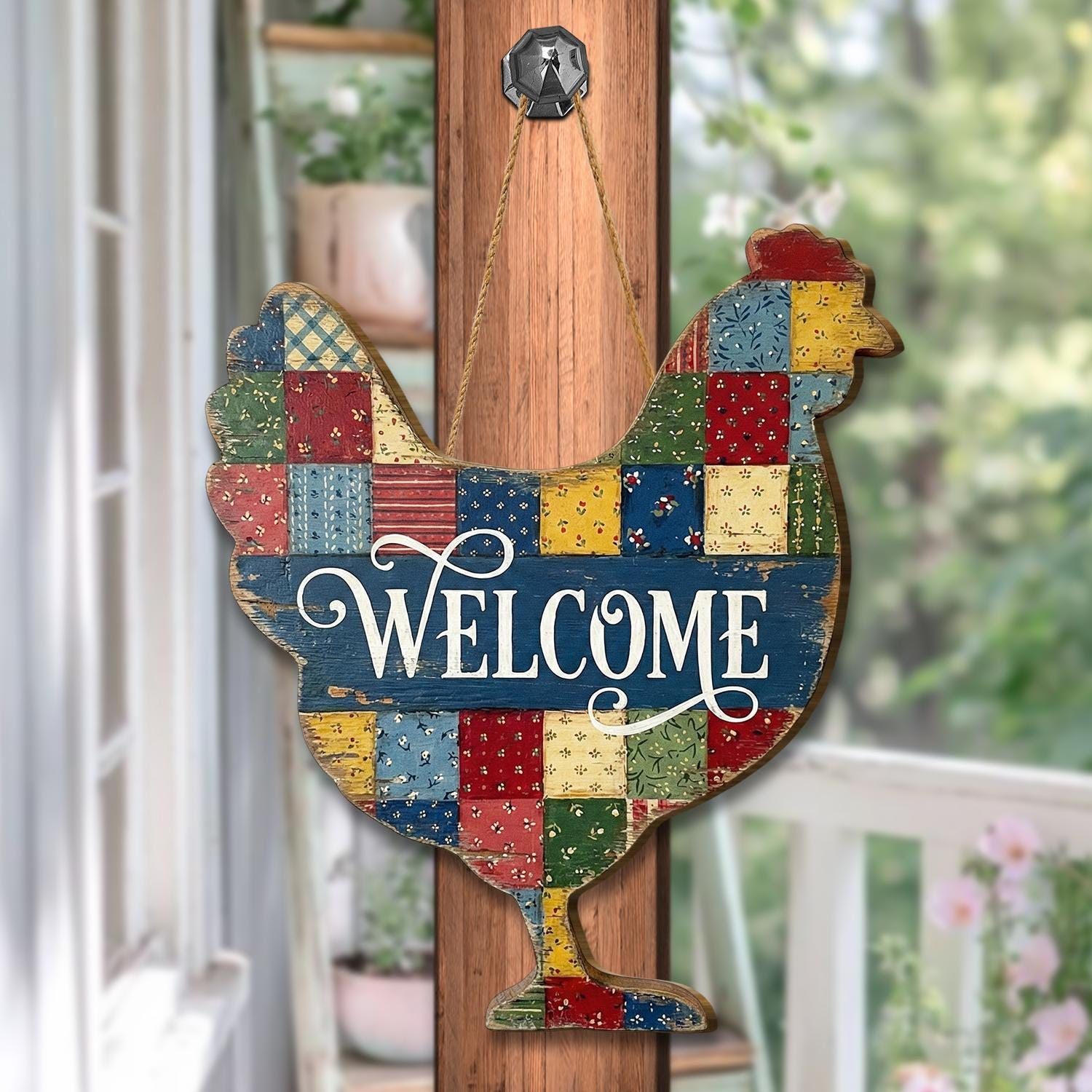 Rustic Chicken Welcome Sign, Patchwork Wooden Hen Door Hanger ...