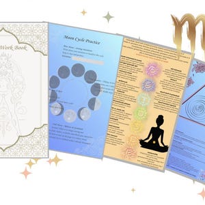 May include: A selection of workbooks and guides with celestial themes. The "Scorpio Work Book" cover displays a figure illustration. Other pages detail moon cycles, chakras, and geometric designs. The background is white with star accents.