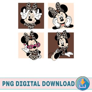 May include: Four-panel digital graphic featuring Minnie Mouse in various poses, all with a leopard print bow, dress, and accents. The text "PNG DIGITAL DOWNLOAD" is at the bottom. The background colors are brown and tan.