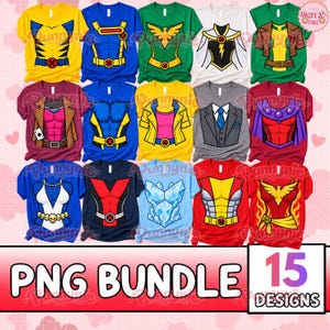 May include: A collection of 15 short-sleeved t-shirts featuring various superhero costume graphic prints, including designs with capes, belts, jackets, and armor patterns in vibrant colors like yellow, blue, green, red, and grey, arranged in a grid.