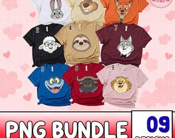 May include: A collection of nine t-shirts featuring various cartoon animal character graphics, including a rabbit, beaver, fox, sheep, sloth, cat, snake, buffalo, and leopard. Each shirt is numbered one through nine, presented as a digital PNG bundle.