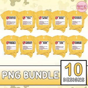 May include: A bundle of ten yellow t-shirt designs featuring a prescription label graphic. Each label includes an Rx symbol and text for coffee, tea, wine, beer, vodka, tequila, whiskey, rum, gin, and champagne with humorous dosage instructions.
