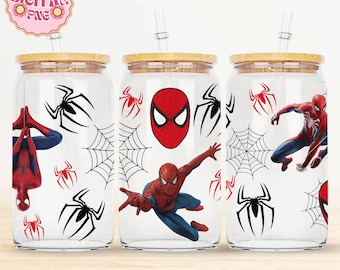 Spider-Man Glasbecher mit Bambusdeckel und Glasstrohhalm | Superhero Eiskaffee Becher | Mcu inspiriertes Geschenk, Tumbler Sublimation