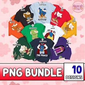 Può includere: Una collezione di dieci design di magliette con personaggi dei cartoni animati, tra cui Happy, Sneezy, Grumpy, Sleepy, The Prince e The Evil Queen. Ogni maglietta è di un colore diverso, numerata da uno a dieci e include del testo.