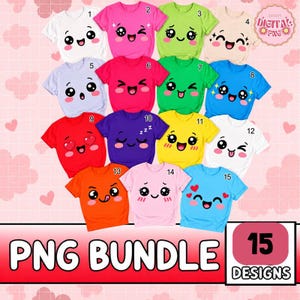 Peut inclure: Une collection de 15 t-shirts à manches courtes de différentes couleurs, dont blanc, rose, vert, beige, violet, rouge, jaune, orange et bleu. Chaque t-shirt présente une expression faciale de style kawaii. Le texte indique PNG BUNDLE.