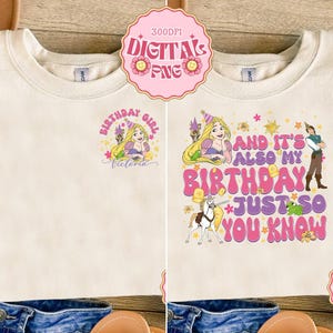 May include: Cream-colored sweatshirt with two colorful graphic designs. One features a princess with the text "Birthday Girl Victoria". The other design says "And it's also my birthday just so you know". A pink digital PNG logo is at the top.