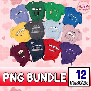 May include: A collection of twelve short-sleeved t-shirts in various colors, each featuring a unique cartoon car face graphic. The shirts are displayed in a grid layout, showcasing designs in purple, green, blue, yellow, gray, light blue, pink, maroon, navy, red, and dark purple, all labeled with numbers.