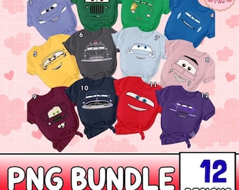 May include: A collection of twelve short-sleeved t-shirts in various colors, each featuring a unique cartoon car face graphic. The shirts are displayed in a grid layout, showcasing designs in purple, green, blue, yellow, gray, light blue, pink, maroon, navy, red, and dark purple, all labeled with numbers.