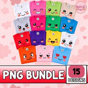 Peut inclure: Une collection de quinze t-shirts de différentes couleurs, chacun arborant une expression de visage de dessin animé unique. Les t-shirts sont disposés en grille, montrant des émotions comme la joie et la surprise. Le texte 15 PNG BUNDLE est visible.