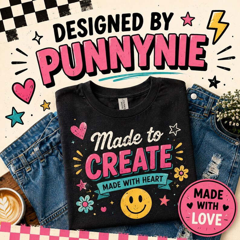 May include: A black t-shirt featuring the text "Made to CREATE" in pink and white, with "MADE WITH HEART" on a blue banner. The design includes a yellow smiley face, colorful flowers, and stars. Above the shirt, the text "DESIGNED BY PUNNYNIE" appears.