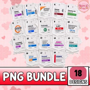 May include: A digital collection of 18 white t-shirt designs featuring various pharmaceutical prescription label graphics. Each shirt displays specific medication names like Valium, Xanax, and Ozempic with corresponding dosage information and medical text.