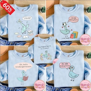 Può includere: Una collezione di felpe azzurre con illustrazioni di piccioni dei cartoni animati e testo tra cui So many BOOKS, so little time!, Oh, Hello Kindergarteners, e The Pigeon has to Go to School! con vari libri e fumetti.