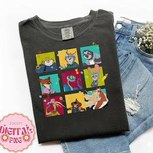 May include: Dark gray t-shirt featuring a colorful grid of cartoon characters from Zootopia. The shirt is paired with blue denim jeans. The image also includes a pink and white digital PNG graphic.