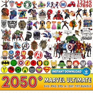 Könnte beinhalten: Eine Sammlung digitaler Grafiken im Marvel-Stil, darunter Charaktere wie Spider-Man und Captain America. Das Bild zeigt verschiedene Logos, Illustrationen und den Text "2050+ MARVEL ULTIMATE" mit Dateiformatoptionen.