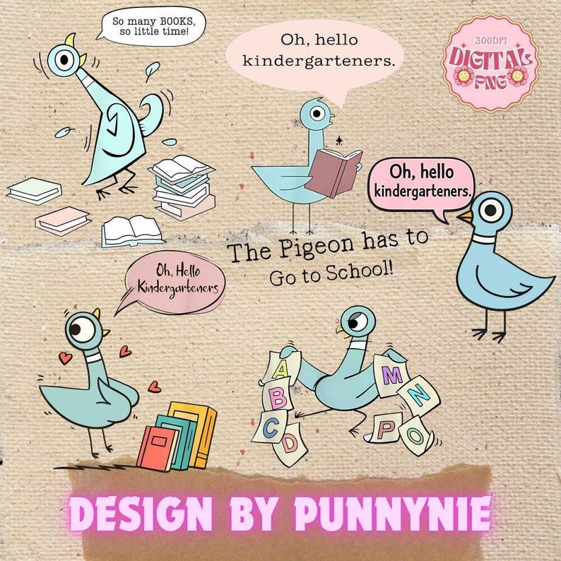 Bundle PNG Pigeon Children's Books, Pigeon Elephant Bookish Gifts Png, Gifts For Bookish, Reader File, Pigeon Meme Funny Instant Download image 2