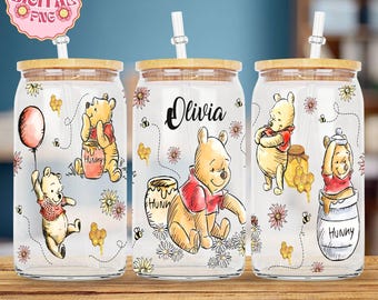 Winnie The Pooh Glass Cup Png, Winnie the Pooh Png, Disneyland Movie Insulated Glass Cup File, Pooh Lover Gift, Gift For Her,Iced Coffee Cup