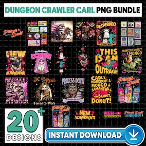 May include: A digital PNG bundle featuring 20 unique designs with a fantasy theme. The designs include cats, dinosaurs, and text such as "Princess Donut," "This is an Outrage," and "New Achievement!" The bundle is available for instant download.