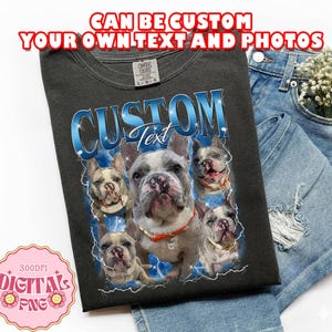 May include: Dark grey t-shirt with a custom design featuring multiple French bulldog images and the text "CUSTOM Text" in blue. The shirt is displayed on denim shorts with a floral accent.
