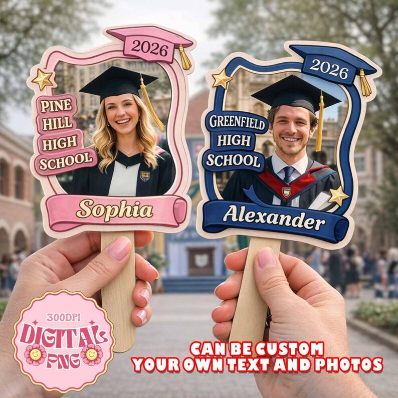 Graduation Handle Class of 2026 Graduation Fans With Wooden Handle, Custom Photo ...