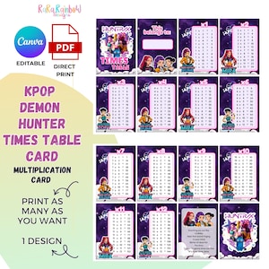Schede didattiche sulla tabellina del cacciatore di demoni Kpop, moltiplicazioni stampabili (PDF e PNG)