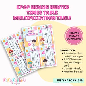 Könnte beinhalten: Zwei Multiplikationstabellen-Drucke mit dem Text "KPOP DEMON HUNTER TIMES TABLE MULTIPLICATION TABLE". Jede Seite zeigt Multiplikationsfakten, Cartoonfiguren und den Text "This belongs to:" und "Instant Download."