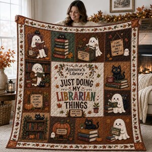 Edredom/Cobertor de Halloween com Fantasma e Gato Preto Lendo um Livro - Roupa de Cama de Outono