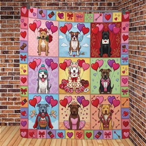 以下が含まれることがあります： バレンタインデーをテーマにしたキルトで、さまざまな犬のイラストが描かれた9つの正方形が特徴です。 各犬は、ハート、風船、その他のバレンタインデーの画像に囲まれています。 キルトは、ハート、リボン、チョコレートのボーダーが付いたピンク、赤、紫の色使いです。