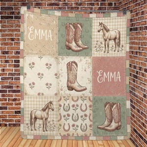 Gepersonaliseerde quiltdeken, ontwerp westernpaard cowgirl, aangepaste naam babydeken