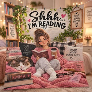 May include: A decorative wall tapestry featuring the text Shhh... I'M READING, a person reading a book while holding a coffee cup, a sleeping cat, and stacks of books. The design includes hanging vines, pillows with text, and a pink blanket background.