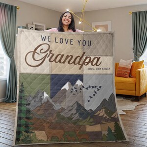 Manta acolchada personalizada con diseño de ciervo para abuelo, decoración de cama estilo patchwork de bosque de montaña con nombre personalizado.