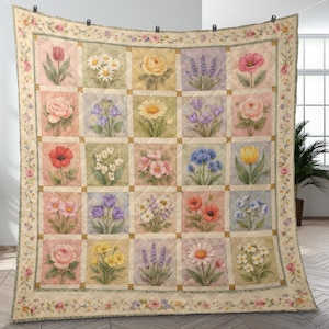 以下が含まれることがあります： さまざまな水彩画の花が描かれた正方形のグリッドが特徴のフローラルキルト。キルトは、フローラルのボーダーとダイヤモンドパターンを備えたクリーム色の背景です。花には、チューリップ、デイジー、バラ、ラベンダーが含まれます。