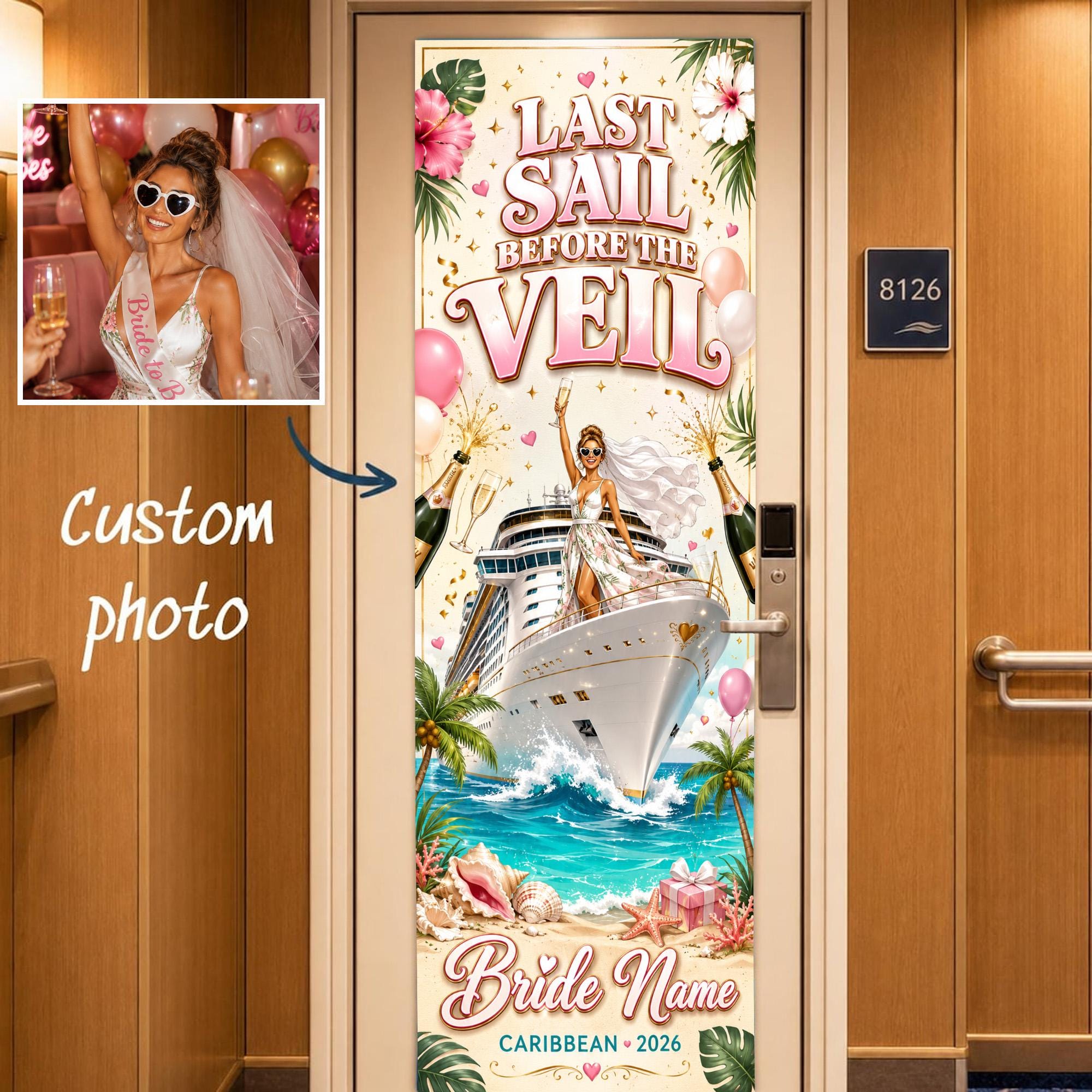 Personalized Linen Cruise Door Banner, Bachelorette Custom Photo Cabin Decor