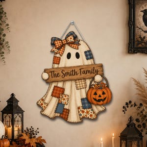 Trädörrskylt lapptäcke spöke bus eller godis pumpa hink halloween galge