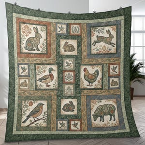May include: A quilted blanket featuring a patchwork design with various farm animals and birds. The quilt showcases rabbits, ducks, chickens, sheep, and songbirds, set against a backdrop of floral patterns in shades of green, brown, and blue. The quilt is hanging on a wall.