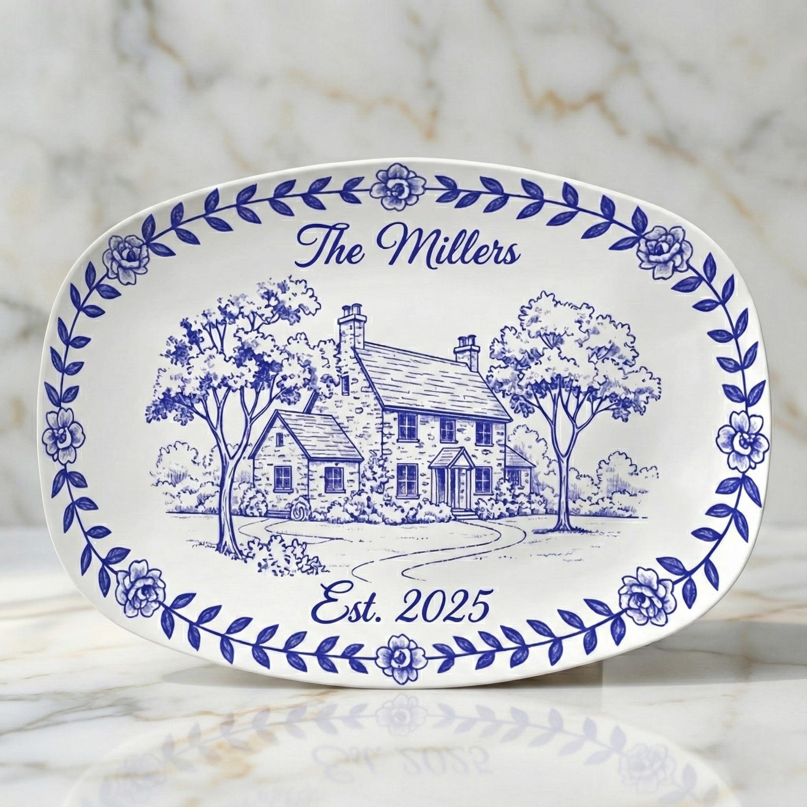 Personalized Family Platter, House Portrait Plate, Wedding Anniversary Gift, Established Date Decor - 10x14 inches