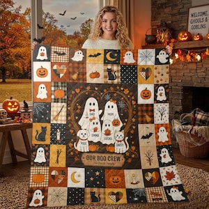 Colcha de retalhos com estampa de família de fantasmas e abóboras para o Halloween, decoração de quarto de outono.