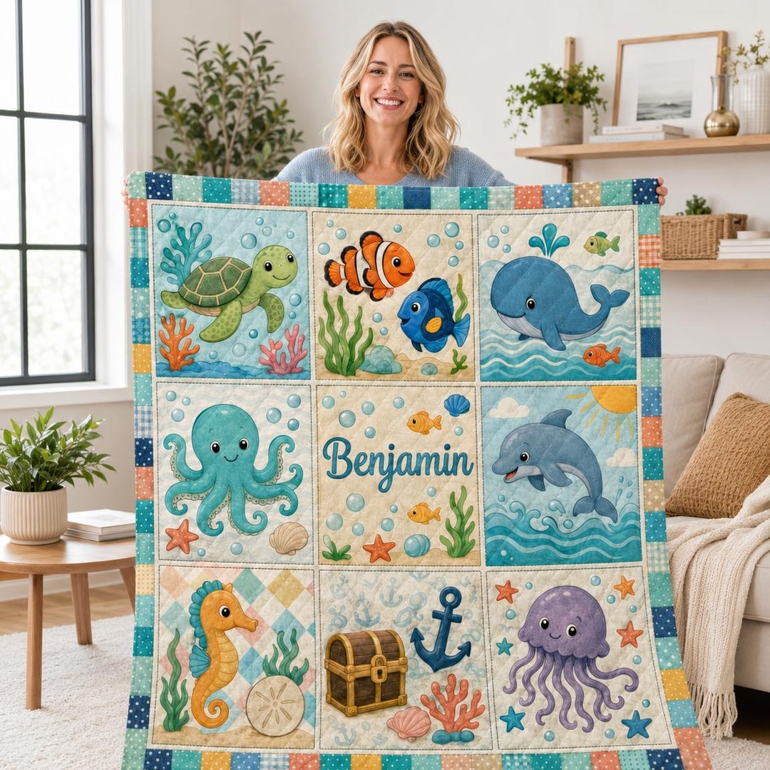 Personalized Ocean Baby Quilt Blanket, Custom Name Sea Animal Blanket ...