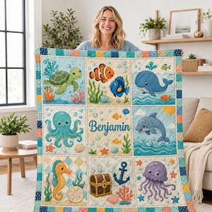 Personalized Ocean Baby Quilt Blanket, Custom Name Sea Animal Blanket